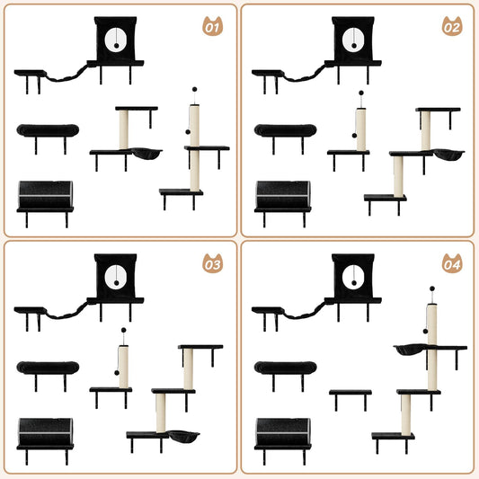 NUNU LAB Cat Wall Shelves Set, 7 Pcs Wall-Mounted Cat Climber with Cat House, Tunnel, Bridge, Scratching Post, Hammock, Wall Shelves, Black