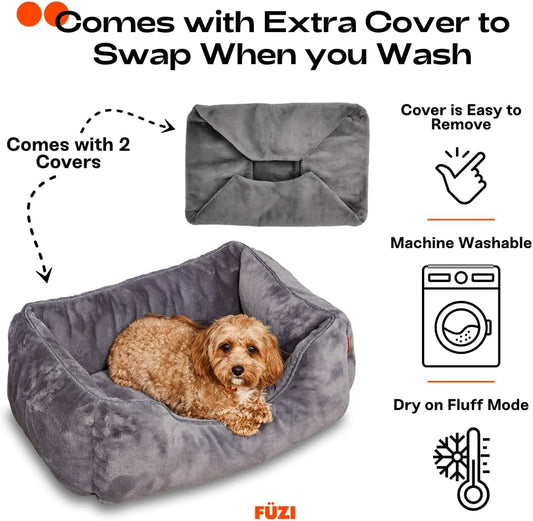 FUZI Luxury Aesthetic Dog Bed with Extra Cover for Small Dogs, Washable Pet Couch, Pet Bed with Sides, Non-Slip Bottom, Soft & Durable Calming Dog Bed, Faux Rabbit Fur, Small 25.1x16.75x9.5 Dark Grey