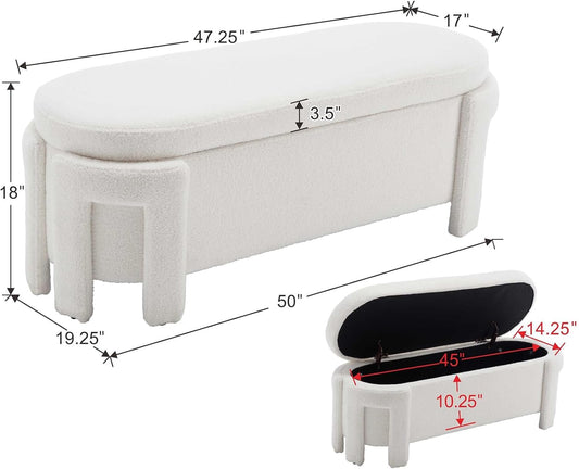 Modern Upholstered Storage Bench, Boucle Sherpa Fabric 50" Long Entryway Bench with Storage and Seating, Comfy Cute Ottoman Bench for Living Room/End of Bed/Hallway, White