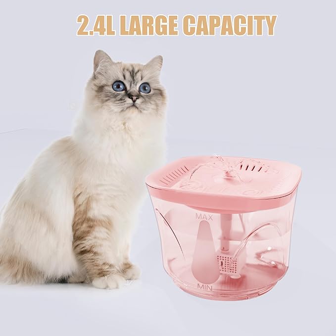 Cat Water Fountain - BOODIDI Ultra Silent Pet Drinking Fountain for Cats and Small Dogs, Indoor Water Fountain, 2.4L/2.5QT Capacity, with Replacement Filters (Pink)