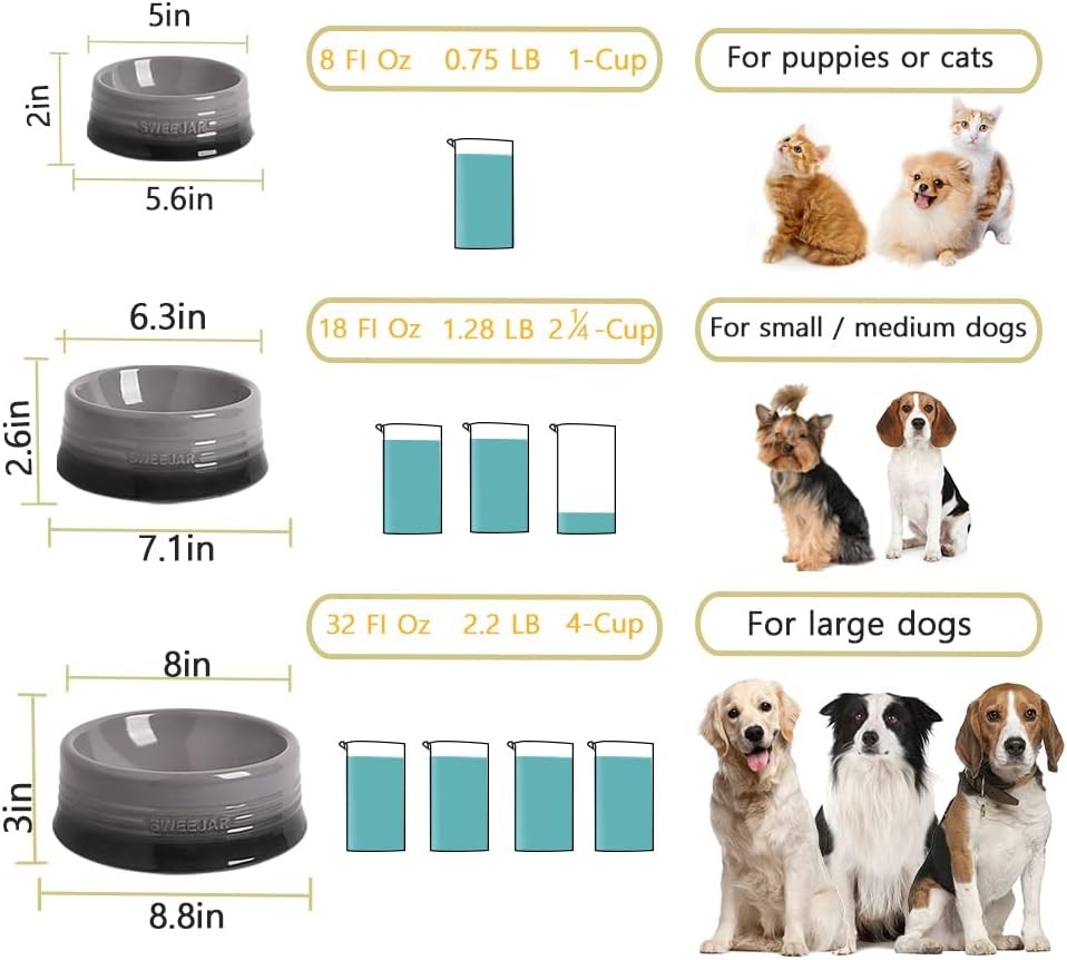 Sweejar Gradient Dog Bowl, Ceramic Dog Food Dish for Puppy and Kitten, Porcelain Pet Bowl for Food and Water 8 oz (Gradient Grey)