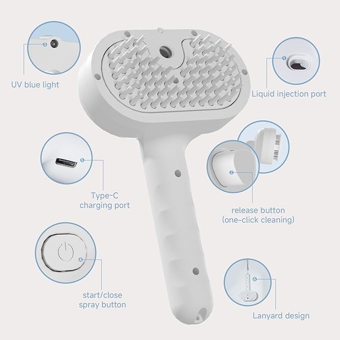 Cat Steam Brush,4-in-1 Spray Hair Removal Dog Brush for Shedding & Grooming with UV Light, Anti-Static Pet Spray Comb with One-Click Release Button