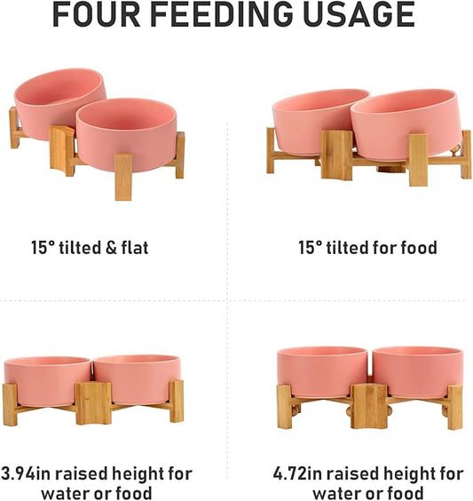 SPUNKYJUNKY 15° Slanted Ceramic Dog and Cat Bowl with Wooden Stand, Tilted Bulldog Food and Water Bowl No Slip Non-Spill for Cats Medium Dogs Big Face Pets 28.7 OZ (3.6 Cups, Pink × 2)