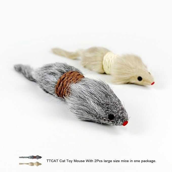TTcat 2Pcs Cat Mice Toys,Faux Fur Cat Large Size Mice Toys with Plastic Body, Interactive Catch Play Mouse Toy for Indoor Cats and Kittens.