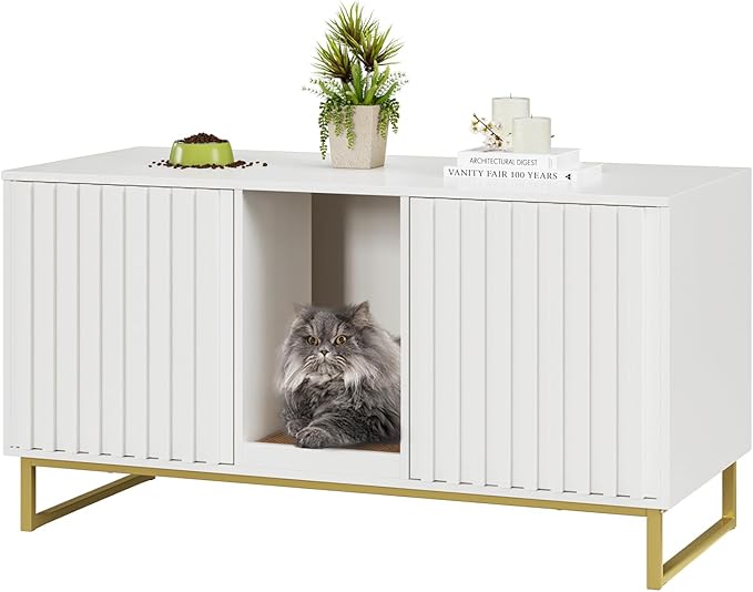 Cat Litter Box Enclosure for 2 Cats, 47.6’’ Litter Box Furniture Hidden with Scratch Pad, Double Room Large Cat Cabinet, Indoor Pet House TV Stand Side Table,Cats Washroom, White