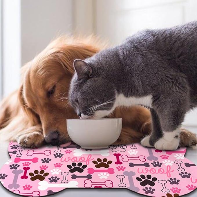 Dog Food Mats for Floors Waterproof, Pet Feeding Absorbent Water Bowl Mat Cat Placemats Pink Bone Shape 23.6 * 15.7 inch