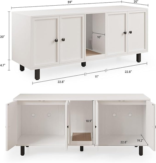 59 Inches Cat Litter Box Enclosure for 2 Cats, Hidden Litter Boxes Furniture with Cat Scratch Pad, Large Indoor Pet House with Double Room, Wooden TV Stand Side Table, Off White