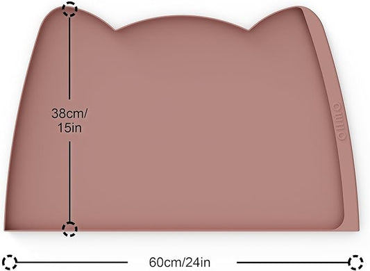 OHMO Dog Food Mat(Rose, 24 * 15'') w/Residue Collection Pocket Silicone Pet Feeding Mat for Floor High Edges Anti Spills Waterproof Cat Water Bowl Tray, Easy Clean Placemat