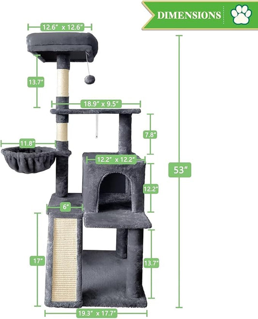 53" Cat Tree Tower for Indoor Cats, Multi-Level Cat Tower Condo with Sisal Scratching Post