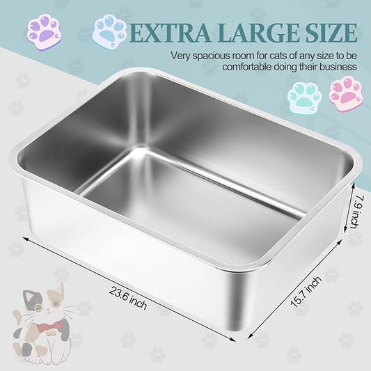 Gerrii 3 Packs Extra Large Stainless Steel Litter Box for Cat with High Sides, Non Stick Smooth Surface, Easy to Clean for Cat Bunny(23.6 x 15.7 x 7.9'')