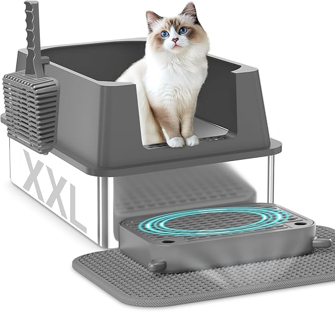 Extra Large Stainless Steel Cat Litter Box with High Sided Walls for Big Cats, Anti Urine Leakage, Odorless and Easy Cleaning, for Healthy Cats, Includes Foot Pad & Scoop - XXL Litter Box