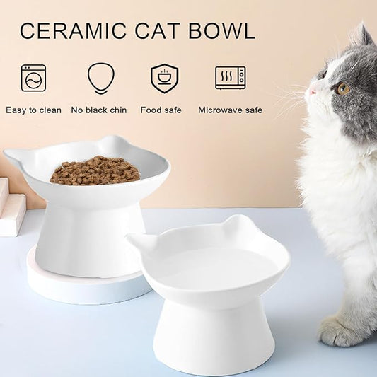Ceramic Elevated Cat Bowl, Raised Cat Food Water Bowl for Indoor Cats with Stand, Titled Anti-Vomiting Cat Dish,Whisker Friendly, All Life Stage