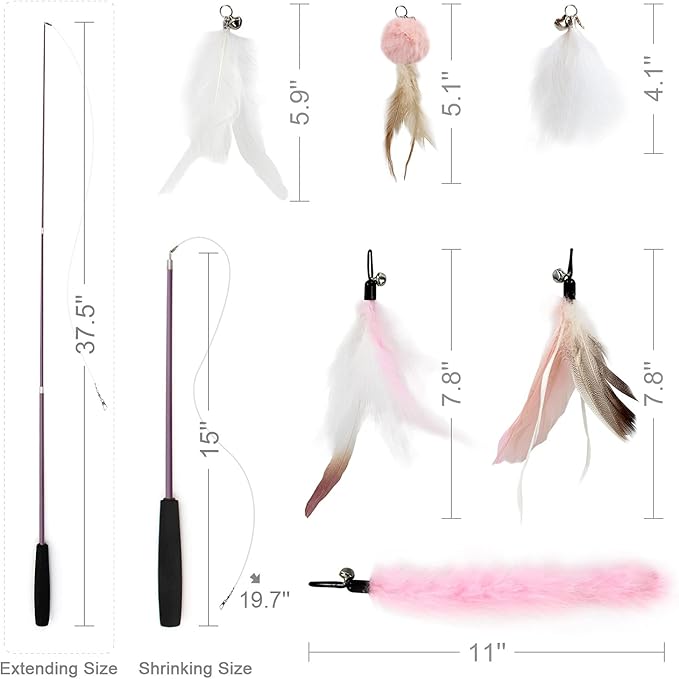SONGWAY Interactive Cat Feather Toy Set - Retractable Teaser Wand with 6 Pcs Feather Refills with Bell, Cat Wand Toys for Indoor Cats Kittens Play Chase Exercise, Light Pink