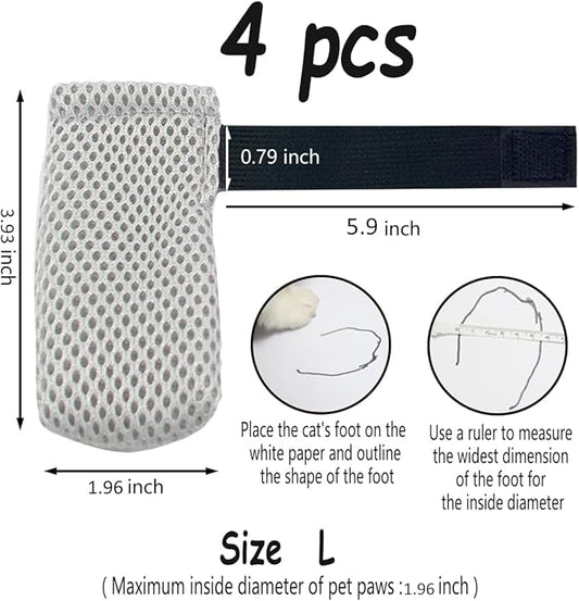 4 PCS Cat Mittens to Prevent Scratching,Mesh Breathable Cat Shoes,Adjustable Cats Anti Scratch Gloves,Suitable for Cats When Bathing and Nail Trimming (Grey, L)