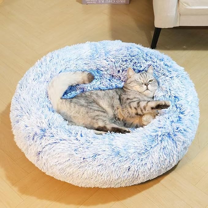 Cat Beds for Indoor Cats - Cat Bed Washable 20/24 inches, Dog Beds for Small Medium Dogs, Anti Anxiety Round Fluffy Plush Faux Fur Cat Bed, Thick Bottom (Cornflower Blue, Medium)