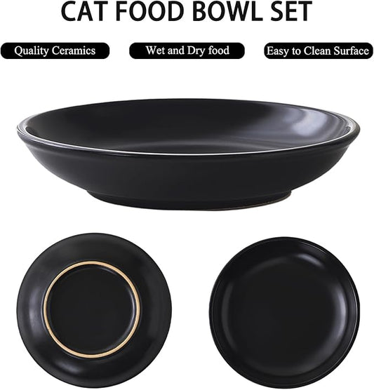 Ceramic Cat Food Bowl Set - 4 Pack Healthy Wide Shallow Cat Dishes Cat Plates for Food and Water, Anti Whisker Fatigue Cat Feeding Bowls for Pet Puppy Kittens, Dishwasher Microwave Safe, 5.8 In, Black