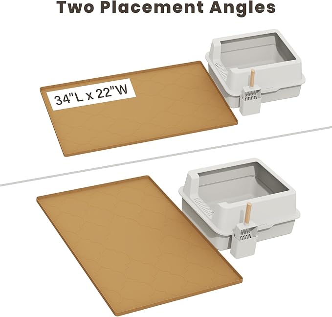 Cat Mat for Litter Box, 34" X 22" Large Silicone Cat Litter Trapping Mat, Easy Clean for Scatter Control, Soft on Kitty Paws, Waterproof, Urine-Proof, Non-Slip Kitty Litter Mat for Floor, Brown