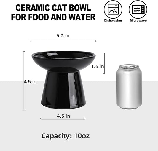 6.2 Inch Extra Wide Elevated Ceramic Cat Bowls, Food and Water Bowl Set for Elder Big Cats Small Dogs, Raised Design for Pet Easy Eating, Protect Cat's Spine Set of 4(Black)