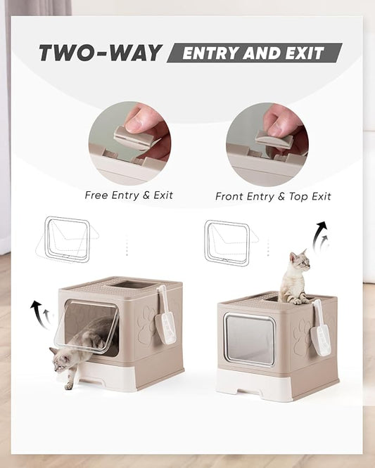 Enclosed Cat Litter Box, Large Litter Box for Big Cats, Covered Kitty Litter Boxes with Lid, Top Entry Cat Box Enclosure with Scoop, Odor Control, Easy to Clean(Coffee)