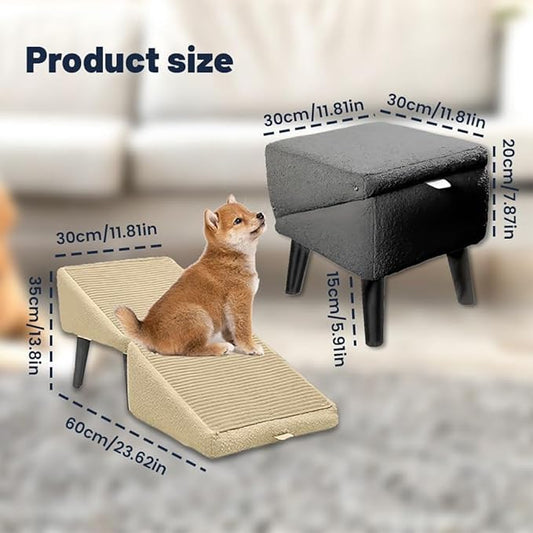 Split Ottoman Dog Ramp, 2-in-1 Lightweight Folding Stairs and Ottomans, Bed Couch & Car Ramps with Durable Non-Slip Waterproof Fabric Cover for Dogs Cats Or Pets Footrest (Khaki, 30 * 30 * 35cm)