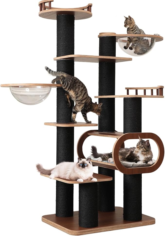 70.8'' Tall Luxury Cat Tree,All i,ne One Black Walnut Wood Modern Cat Tower for Indoor Large,Huge Multi-Level Cat Furniture with Scratching Posts,Condo,Cushion,Clear Bowl,Platform for Home Decoration