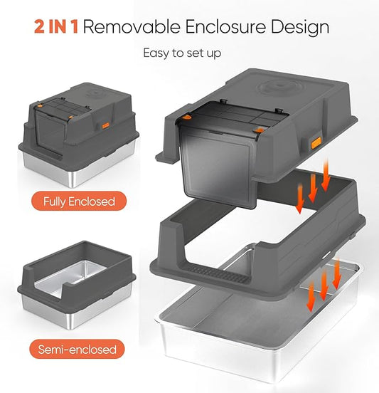 ELEGX XXL Extra Large 28" L×20" W Odor-Control Stainless Steel Cat Litter Box, 4-in-1 Cat Metal Litter Box Set,Enclosed Removable Metal Litter Box with High Sided Enclosure,Mat & Scoop