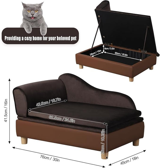 Pet Bed Sofa, Puppy Bed with Storage, Small Dog Couch with Removable & Washable Cushion, Comfy Pet Couch Bed for Cats & Puppy (Brown)