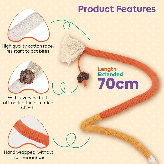 Cat Toys Chew Ropes 3Pcs with Refillable Natural Catnip, Safe Teeth Cleaning Toy for Indoor Kittens Interactive Cat Nip Kitty Toys for All Breeds 27.5 Inches