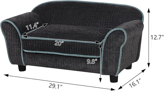 Pet Sofa/Dog Bed With Luxury Striped Fleece, Animal Sleeping Bed, Small Dog and Cat Couch (Dark Black)