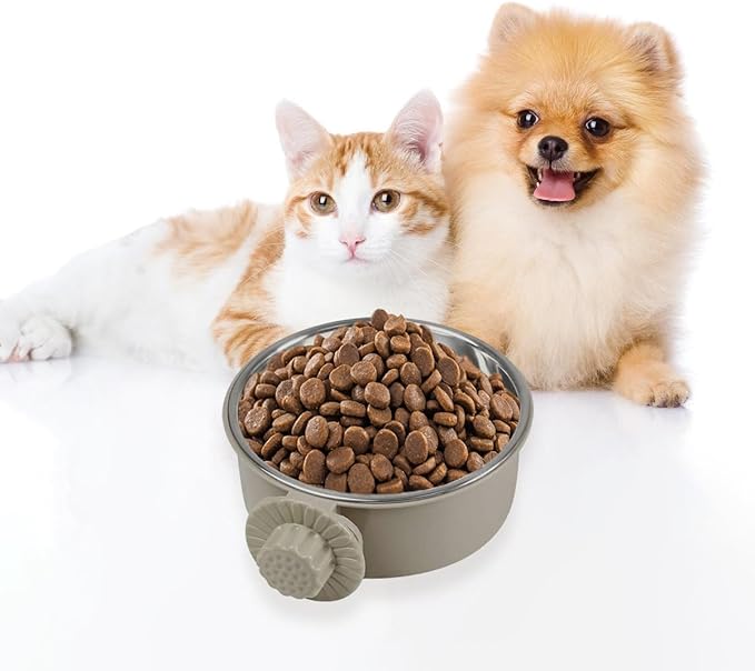 2Pcs Pets Lightweight Stainless Steel Bowl,Removable Stainless Steel Pet Hanging Food Water Feeder Bowl Cage Coop Cup for Puppy Medium Dog Cat Rabbit Ferret Bird Gunea Pigs (Gray, M)