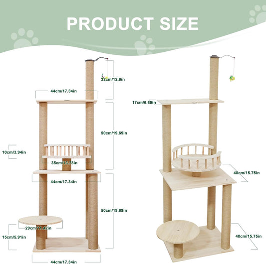 Wood Cat Tree 17” x 16”x 53” Modern Sturdy Cat Tower with Double Condos Hand-Woven Beds & Toys Multilevel Huge Paws Pals Tree Indoor Cat Furniture for Big Cats
