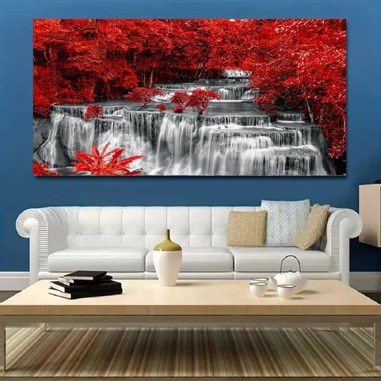 Yxbhhym Large Black and White Decor Waterfall Canvas Wall Art Red Tree Wall Decor Landscape Prints Posters Forest Scenery Paintings for Wall Decoration Bedroom Living Room Décor- Framed Wall Art