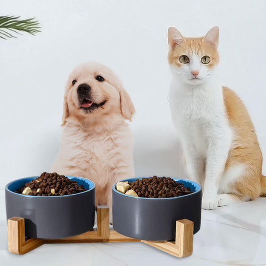 Petygooing Heavy 5.1 in Ceramic Cat Dog Bowls Set with Wood Stand for Food and Water, Non-Slip Cute Modern Pet Dish for Small Size Dogs and Cats (13.5OZ) Medium Sized Dogs (28OZ) Grey Blue