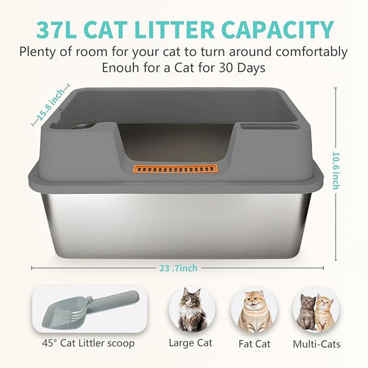 XL Stainless Steel Litter Box with Lid - 23.7"×15.7"×10.6" High Sided Metal Tray for Big/Multi-Cats, Anti-Leak Easy Clean Scoop & Foot Mat (Grey)