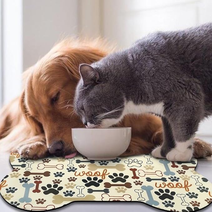 Dog Food Mats for Floors Waterproof, Pet Feeding Absorbent Water Bowl Mat Cat Placemats Beige Bone Shape 25.5 * 17 inch