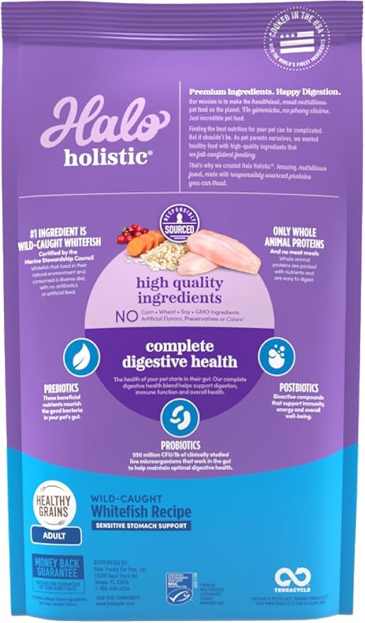 Halo Holistic Cat Food Wild Caught Salmon & Whitefish Formula, Healthy Grains Dry Cat Food, For Sensitive Stomach Support, Kibble for Adult Cats, 6 lb Bag