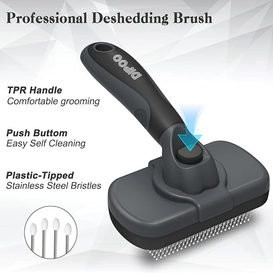 Self-Cleaning Deshedding Brush for Dogs & Cats - Skin-Friendly Grooming Tool with Hair Brush for Long and Short Haired Pets, Grey