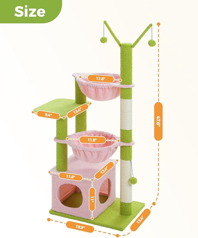 Pink Cat Tree, 47.6" Cat Tower with 2 Metal Frame Hammock, Cat Scratching Post for Indoor Cats with 2 Removable Pompom Sticks for Kittens, Pink