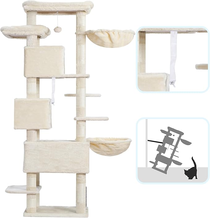 Hey-brother Cat Tree, 74 inches Multi-Level XL Large Cat Tower for Indoor Cats with Three Cat Condos, Two Large Top Decks and Cat Hairbrushfor Kittens, Cats and Pets, Beige MPJ035-MM