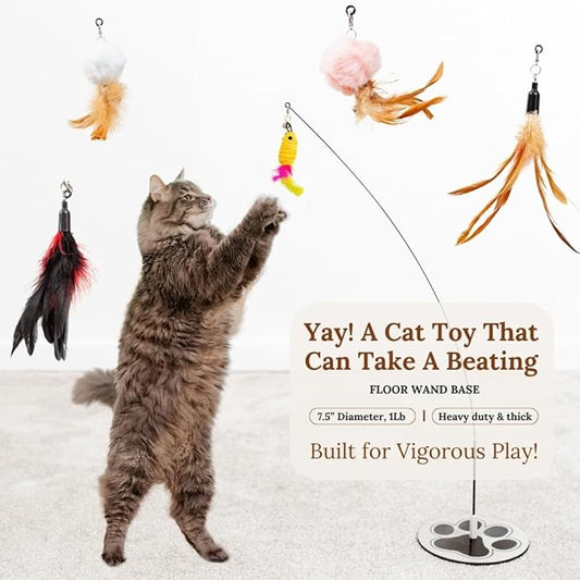 Interactive Cat Toys for Indoor Cats 2 in 1 Cat Wand Toys Solid Round Base Toys for Bored Indoor Adult Cats Self Play Feather Toy Bird Feather