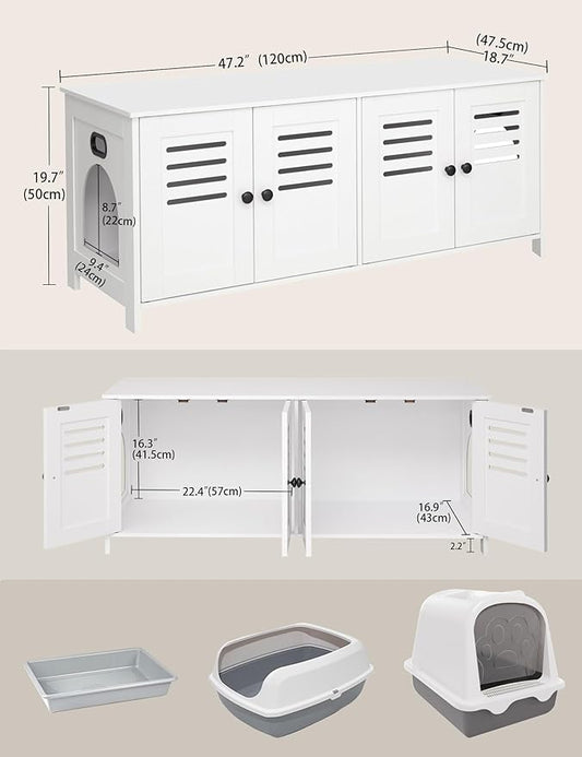 DINZI LVJ Litter Box Enclosure for 2 Cats, Hidden Litter Box Furniture with Double Rooms, Dual Cat Litter House, Front Doors, 47.2" Wooden Hidden Cat Washroom, Side End Table, TV Stand, White