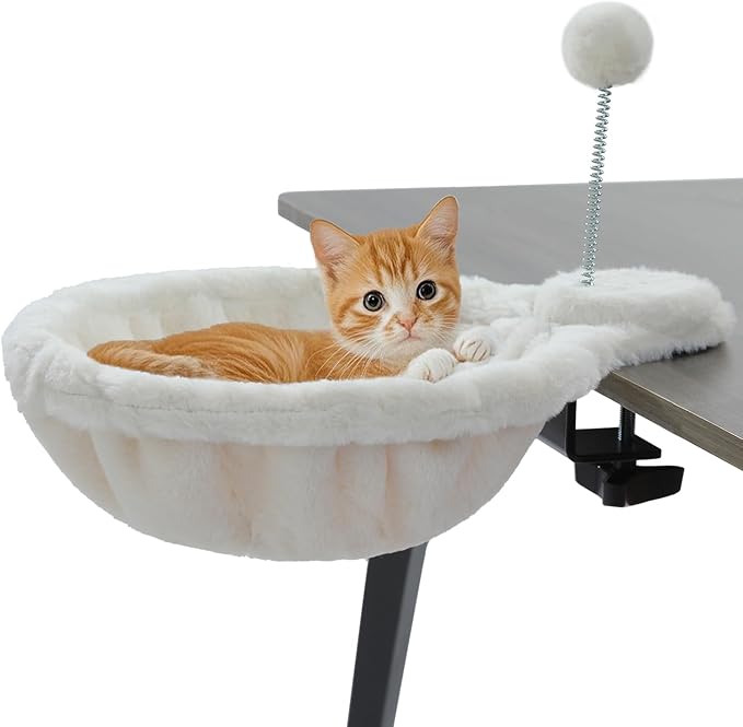 PAWZ Road Cat Bed for Desk with Interactive Plush Ball, 12 Inches in Diameter,Space-Saving Cat Desk Bed, White Cats Hammock for Table Supports Up to 40lbs, Medium