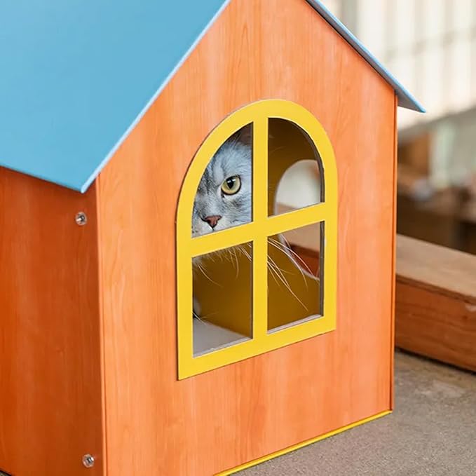 Blue Roof Cat House, Indoor Cardboard Cat Bed with Windows and Hanging Toy Ball, Cozy Cat Condo Hideaway for Kittens and Small Cats
