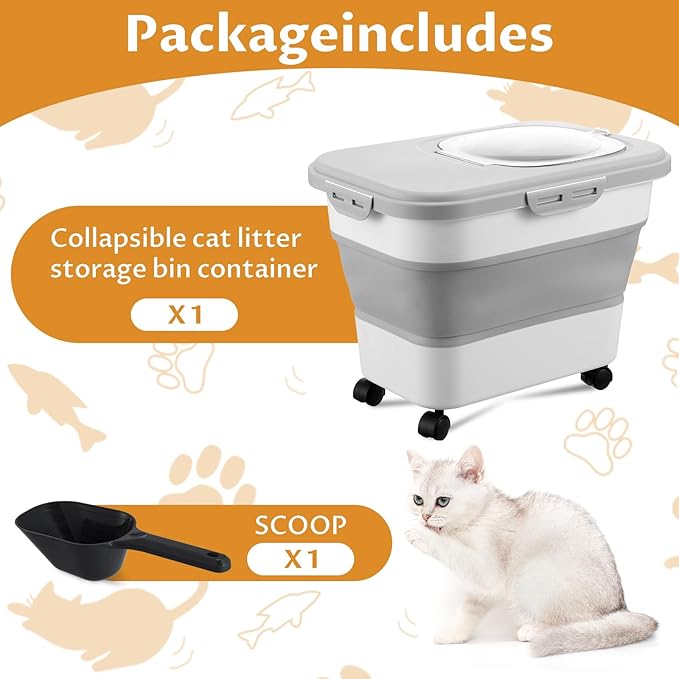 Collapsible Cat Litter Storage Bin Container with Airtight Lids, Portable Cat Litter Storage Container with Wheels, Kitchen Cereal Rice Leakproof Sealable