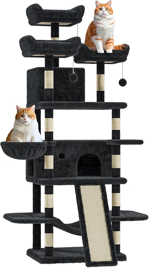 68.5 Inch Multi-Level Cat Tree, Plush Cat Tower with Condo/Sisal Scratching Posts/Hammocks/Basket/Dangling Ball/Platform, Heavy Duty Cats Tree to Play and Sleep,2601#Dark Grey