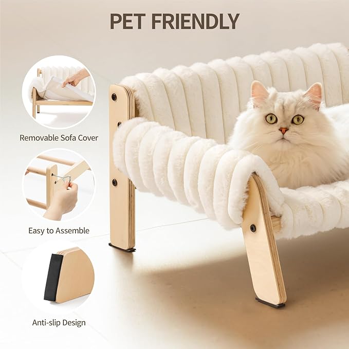 MEWOOFUN Cat Couch Bed, Pet Sofa for Indoor Cats Wooden Indoor Elevated Cat Beds with Removable Mattress Cover Suitable for Kitty, Puppy or Small Animal (Cream, Medium)