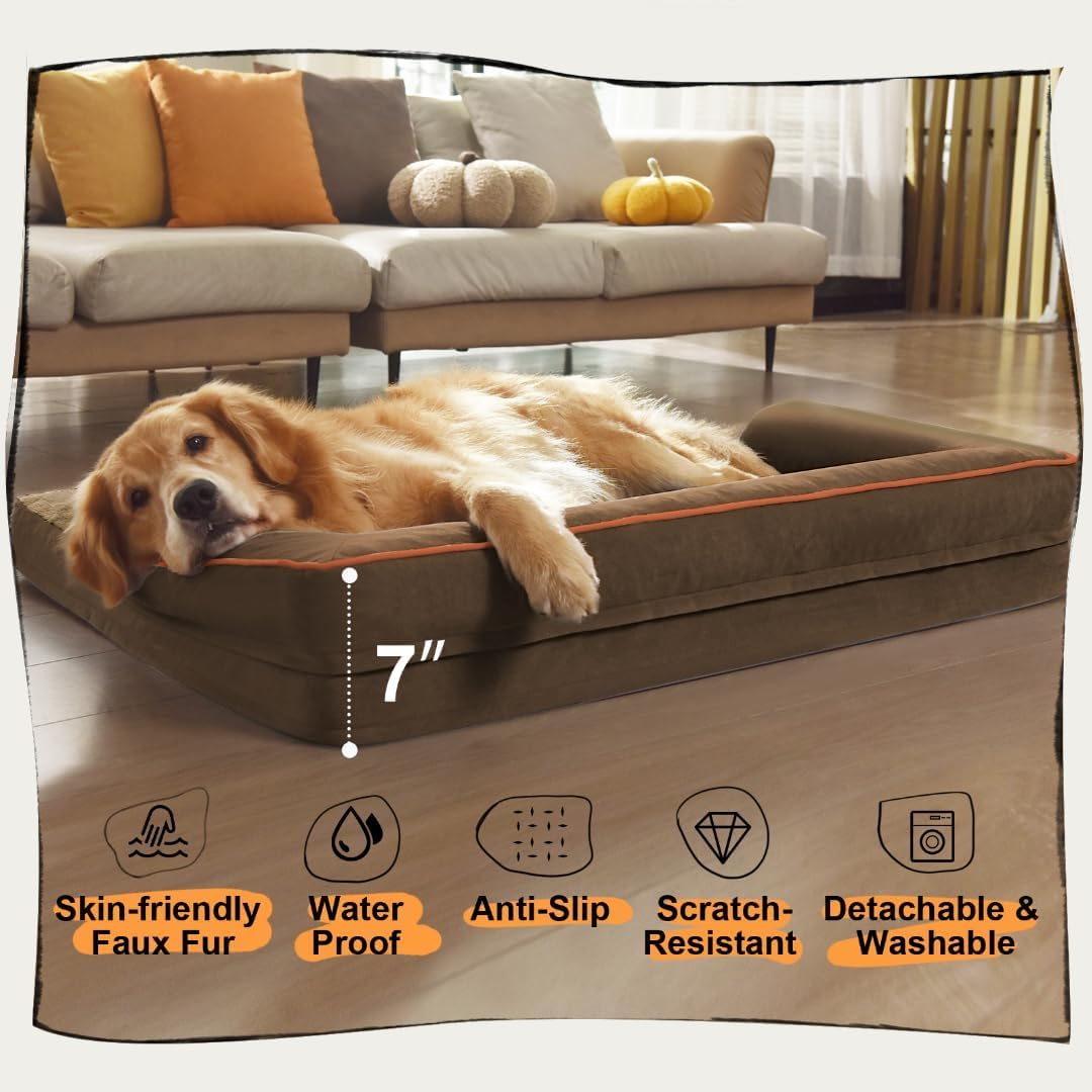 Dog Bed Medium Size Dog-Orthopedic Waterproof Bed for Dogs,Foam Couch Sofa with Washable Removable Cover & Non-Slip Bottom-Brown