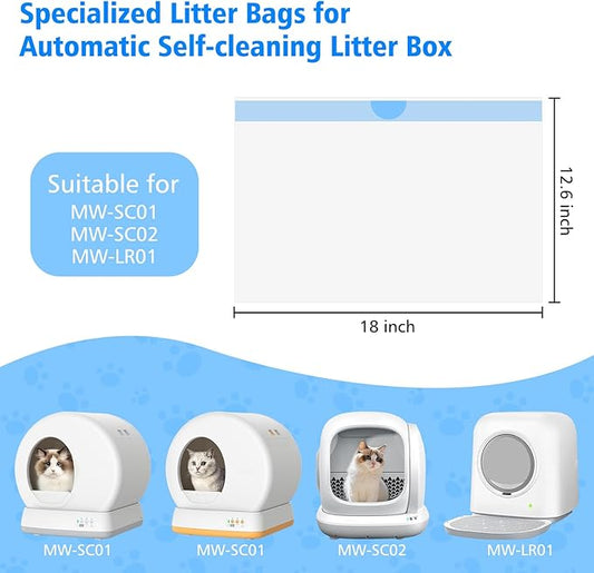 120 Count Self-Cleaning Cat Litter Box Liners for MW-SC01/MW-SC02/MW-LR01, Drawstring Heavy Duty Waste Bags, Leak-Proof Disposable Trash Bags - 18" x 12.6"