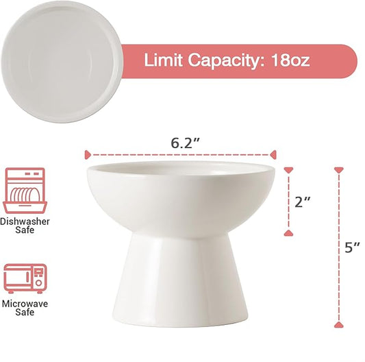 Extra Wide Elevated Ceramic Cat Water Bowl - 6.2" Deeper Dish for Whisker Fatigue Relief, 5" Height for Easy Feeding, Lead & Cadmium Free, Durable Raised Cat Bowls, White