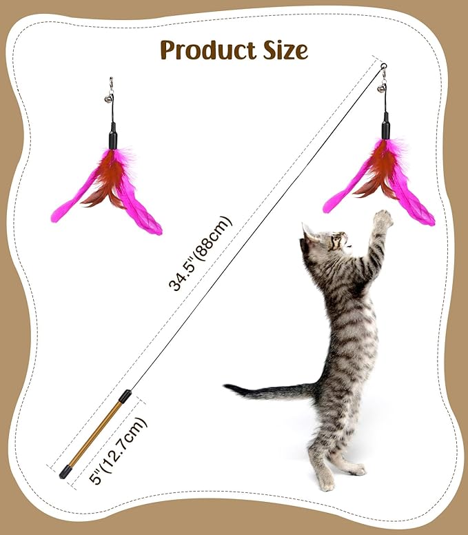 Pawaboo Feather Teaser Cat Toy, Interactive Feather Wand Cats Toy Flying Feathers Cat Catcher with Extra Long 34.5" Wand and Small Bell, Exerciser Playing Toys for Kitten or Cats, Rose + Red Brown